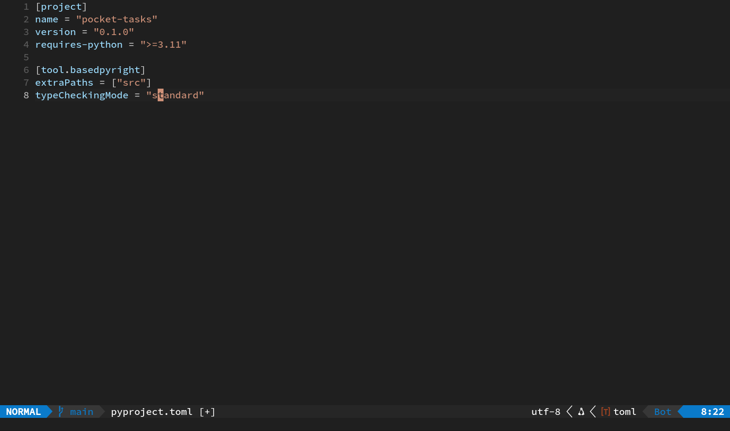 用 G 跳到 pyproject 最后一行