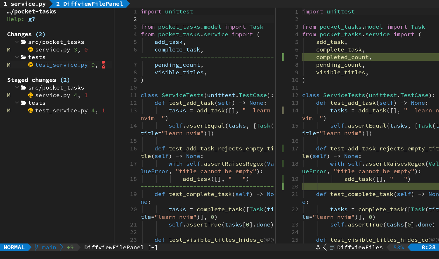 查看 test_service.py 的未暂存变化