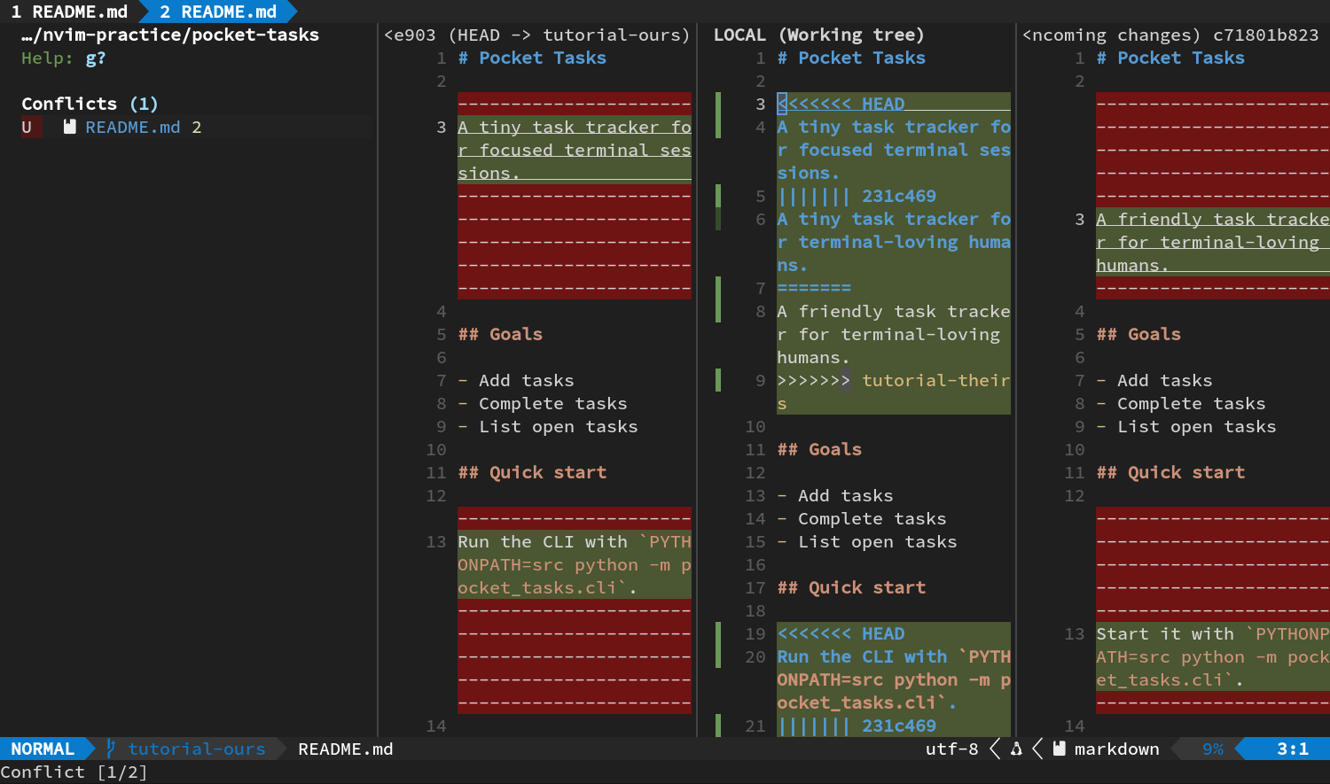 Diffview 识别 README 的两处合并冲突